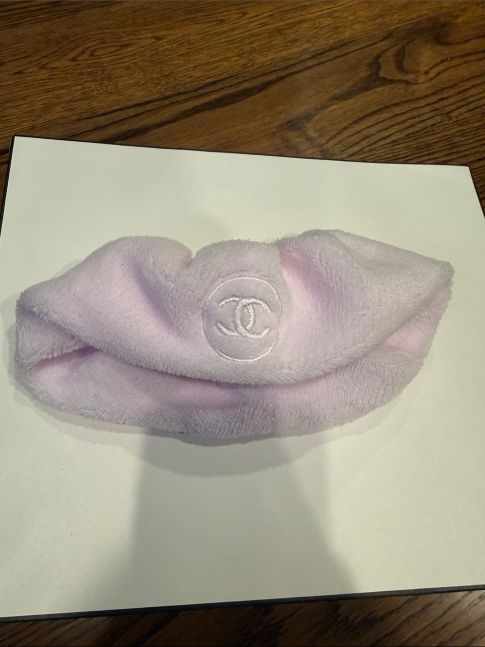 CHANEL Light Pink Plush Makeup Headband with Embroidered Logo